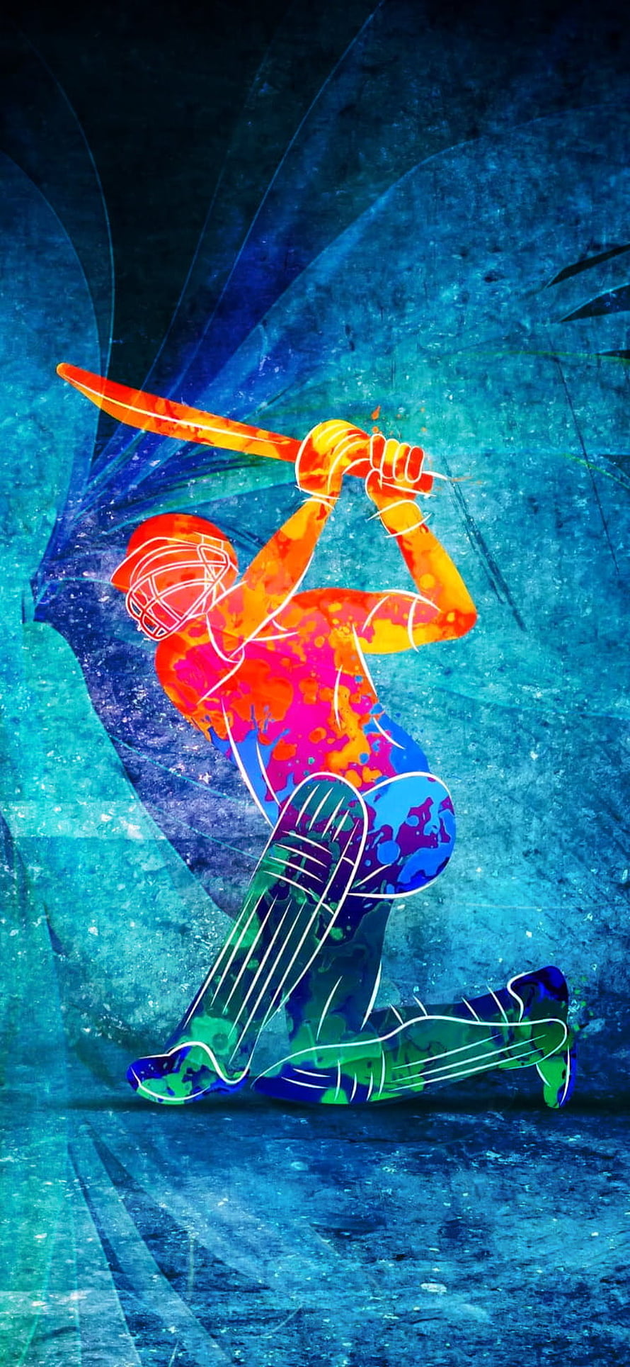 Vibrant Abstract Cricket Batsman Illustration with Neon Colors and Dynamic Swing Pose HD phone wallpaper