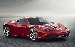 Red Ferrari 458 Italia Super Car With Racing Stripes On Asphalt Track HD wallpaper