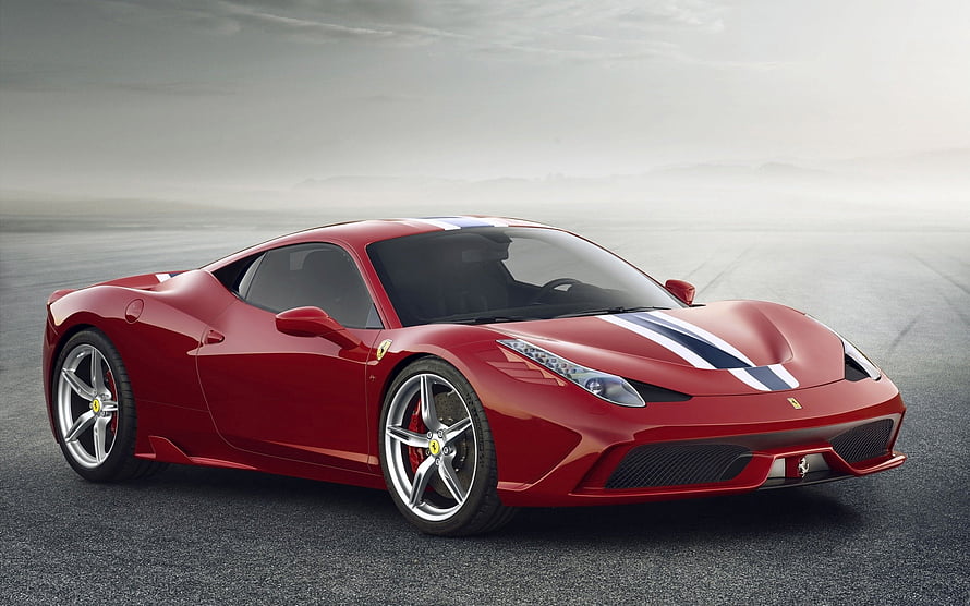 Red Ferrari 458 Italia Super Car With Racing Stripes On Asphalt Track HD wallpaper
