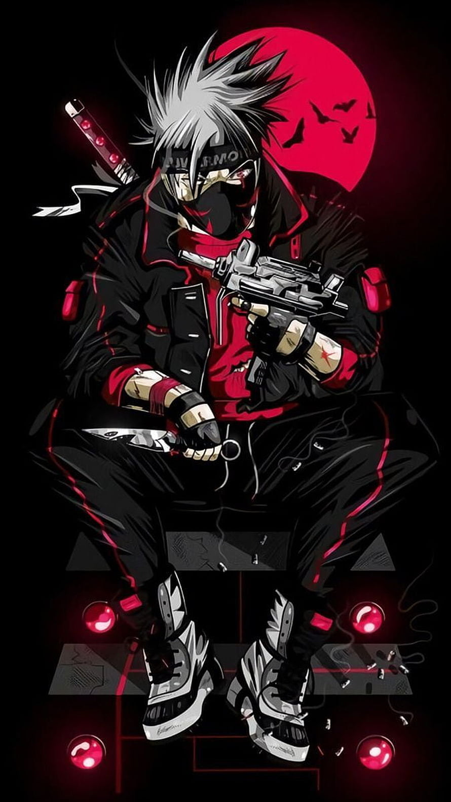 Kakashi Hatake in BAPE Streetwear Holding Pistol Against Red Moon HD phone wallpaper