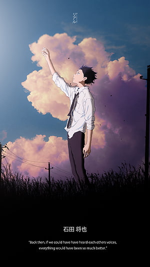 Shoya Ishida from A Silent Voice Reaching Toward a Dreamy Sunset Sky HD phone wallpaper