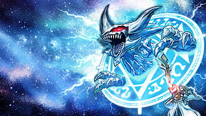 Yu-Gi-Oh! Blue Dragon Monster with Summoning Circle in Cosmic Lightning Storm HD wallpaper