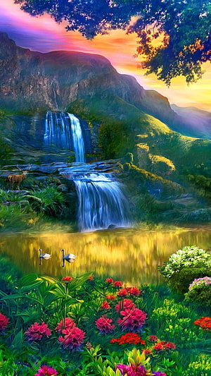Vibrant Digital Painting of a Mountain Waterfall, Deer, and Swans at Sunset HD phone wallpaper