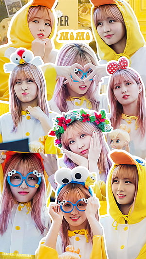 TWICE Momo K-Pop Idol Collage in Yellow Hoodie and Playful Accessories HD phone wallpaper