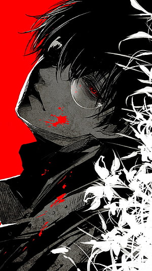 Tokyo Ghoul Anime Character Portrait With Red Eyes And White Flowers HD phone wallpaper