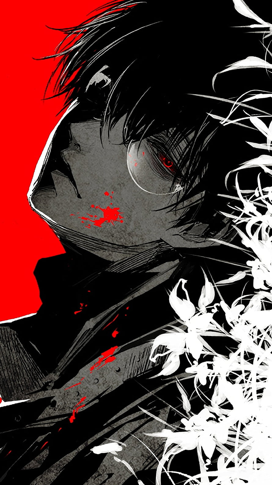 Tokyo Ghoul Anime Character Portrait With Red Eyes And White Flowers HD phone wallpaper