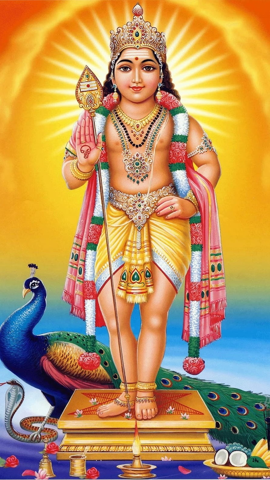 Lord Murugan Devotional Artwork with Peacock and Divine Halo HD phone wallpaper
