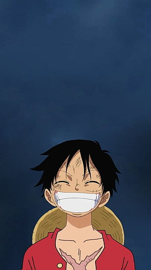 Luffy from One Piece Smiling Broadly in Red Shirt Against Dark Blue Background HD phone wallpaper