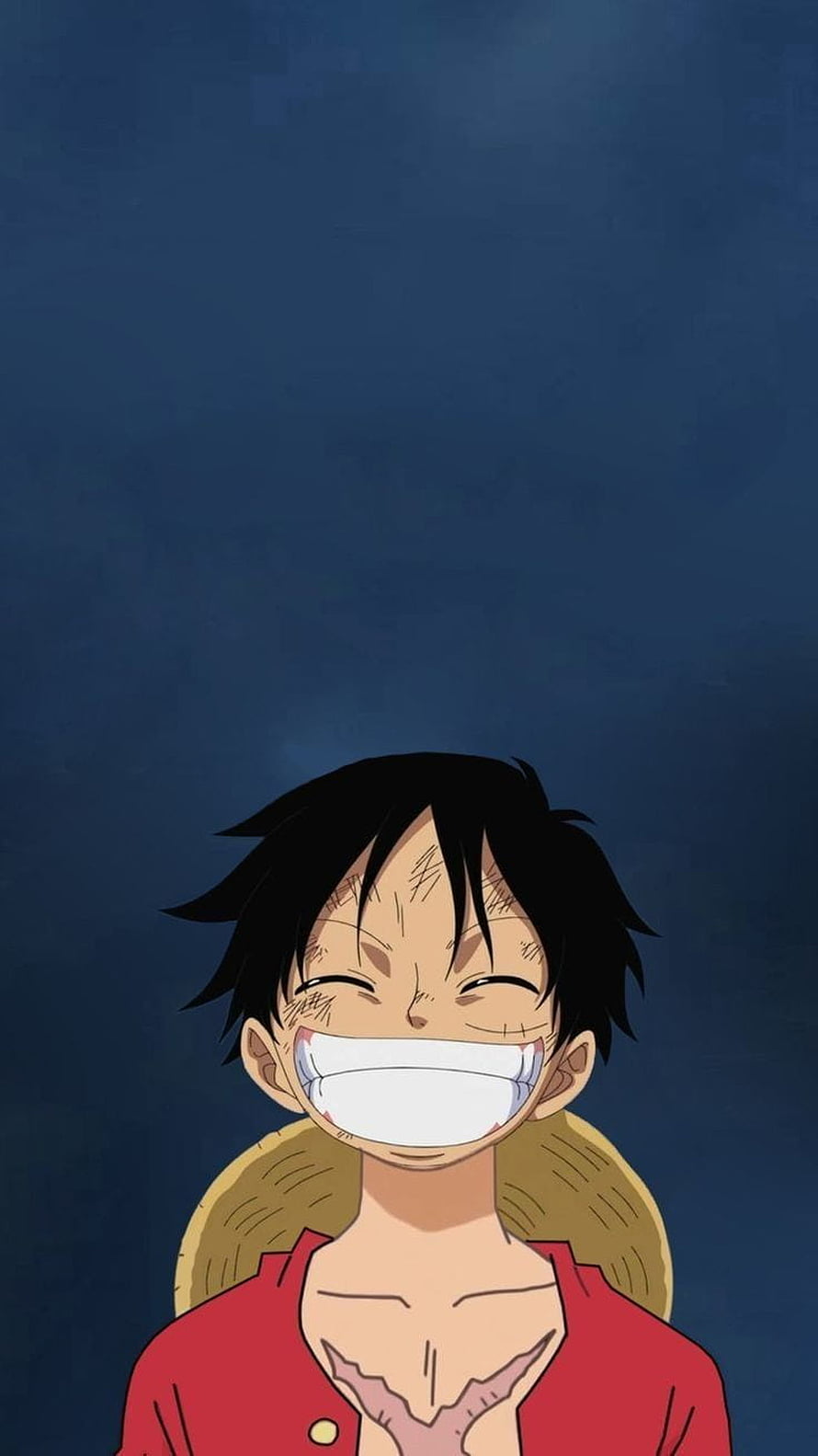 Luffy from One Piece Smiling Broadly in Red Shirt Against Dark Blue Background HD phone wallpaper