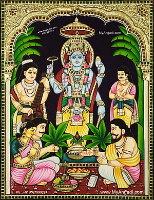 Sri Satya Narayana Swamy Tanjore Painting with Family and Offerings HD phone wallpaper