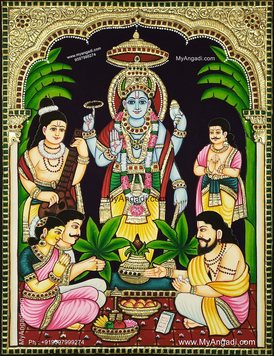 Sri Satya Narayana Swamy Tanjore Painting with Family and Offerings HD phone wallpaper