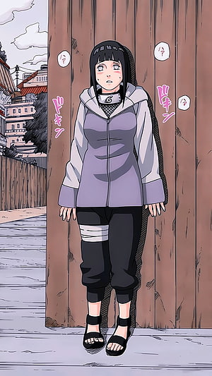 Hinata Hyuga from Naruto Standing in Front of Wooden Wall with Village Background HD phone wallpaper