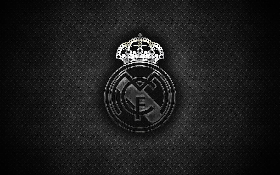 Real Madrid Club Crest in Monochrome on Textured Black Metal Surface HD wallpaper
