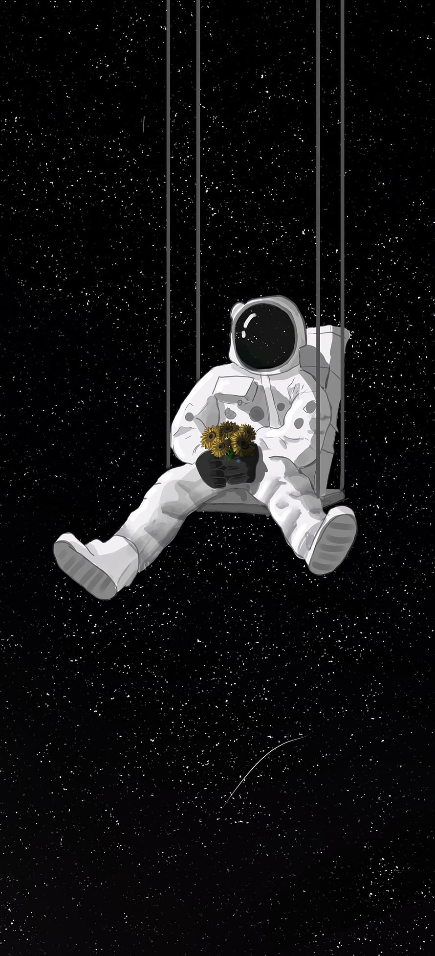 Astronaut Sitting on a Swing in Deep Space Holding Sunflowers HD phone wallpaper