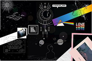 Dark Space Collage with Celestial Elements, Rainbow Prism, and Motivational Quotes HD wallpaper