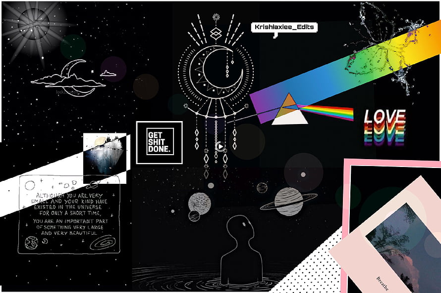 Dark Space Collage with Celestial Elements, Rainbow Prism, and Motivational Quotes HD wallpaper