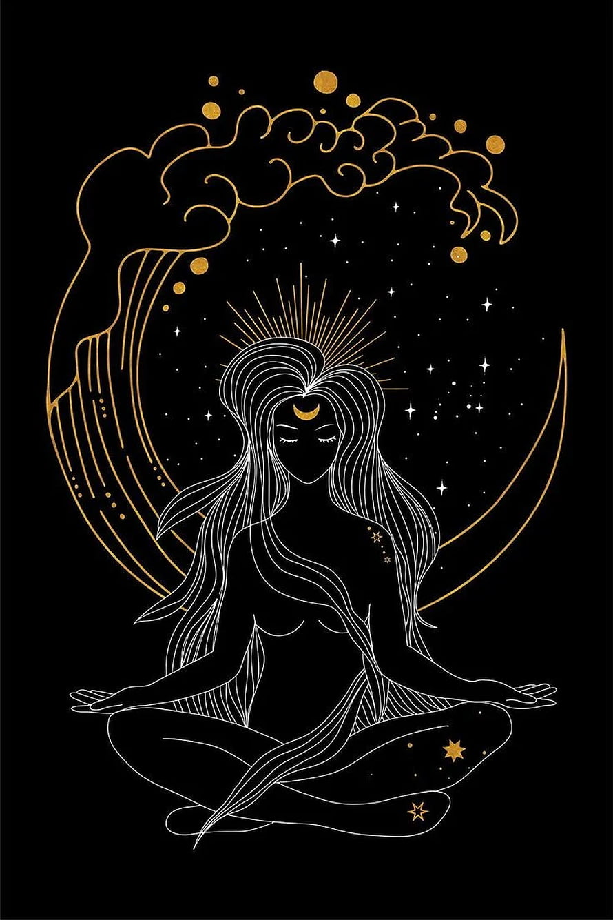 Celestial Goddess Meditating in Lotus Pose with Moon and Stars HD phone wallpaper