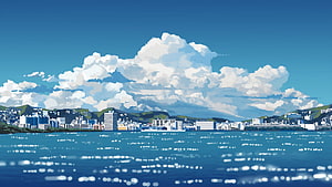 Coastal Cityscape Under Dramatic Cumulus Clouds in Makoto Shinkai Anime Style HD wallpaper