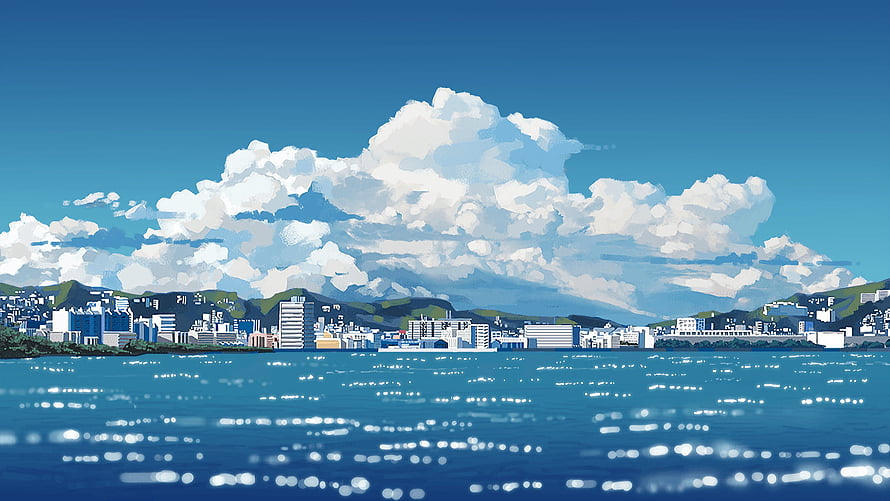 Coastal Cityscape Under Dramatic Cumulus Clouds in Makoto Shinkai Anime Style HD wallpaper