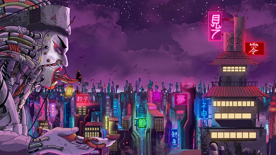 Cyberpunk Amegakure Rain Village with Giant Mechanical Statue and Neon Cityscape HD wallpaper