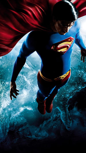 Superman Soaring Above Earth in Cinematic Blue Suit and Flowing Red Cape HD phone wallpaper