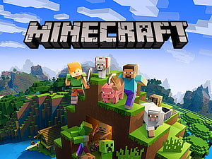 Minecraft Blocky Landscape Featuring Steve, Alex, and Classic Creatures in a Vibrant Pixel World HD wallpaper