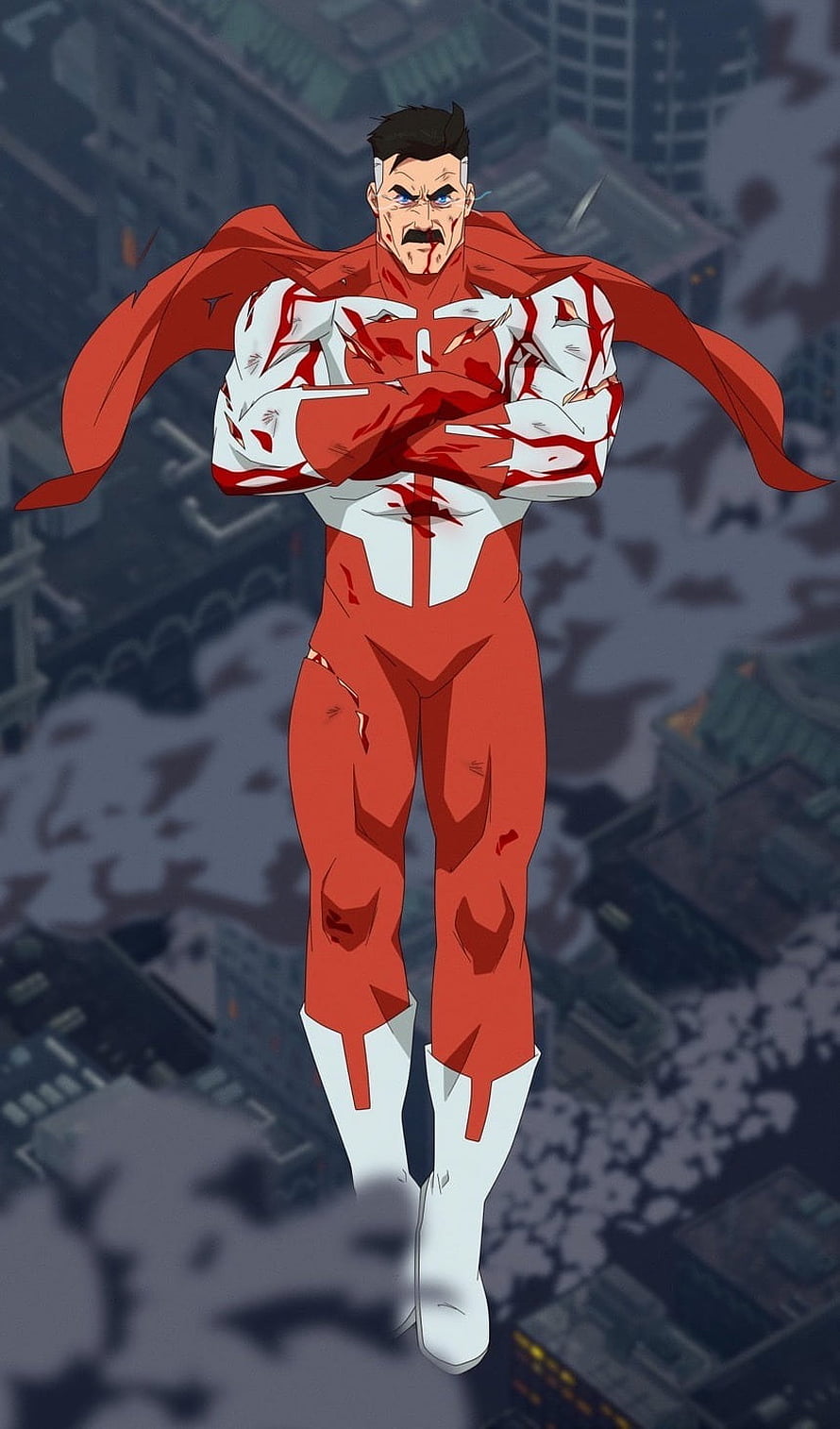 Omni Man Floating Above City in Red and White Suit HD phone wallpaper
