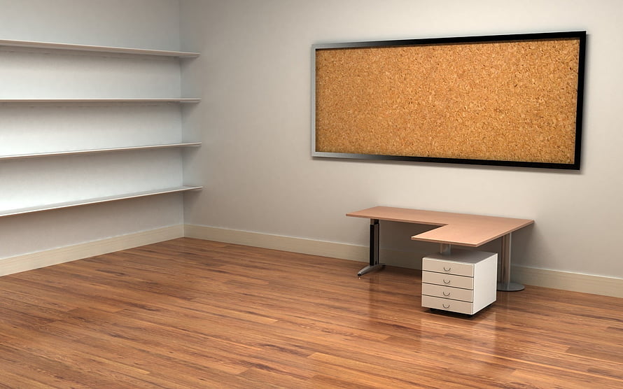 Minimalist Office Interior With Cork Board, Corner Desk, and Floating Shelves HD wallpaper