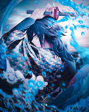 Tomioka Giyuu from Demon Slayer Wielding Water Breathing Sword in Dynamic Anime Art HD phone wallpaper