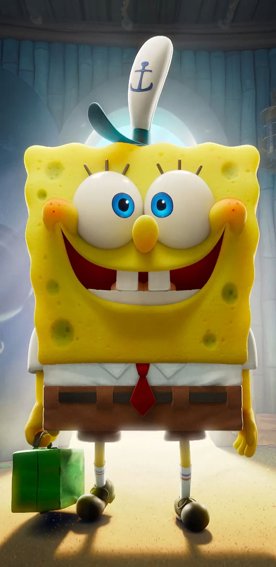 SpongeBob SquarePants in 3D Render Wearing Captain Hat and Holding Green Suitcase HD phone wallpaper