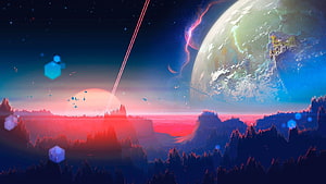 Vibrant Sci-Fi Landscape with Giant Planet and Aurora Sky HD wallpaper