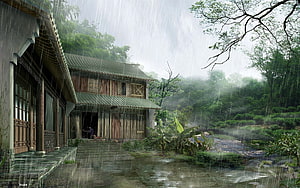 Traditional Wooden House in Heavy Rain with Lush Green Jungle and Misty Hills HD wallpaper