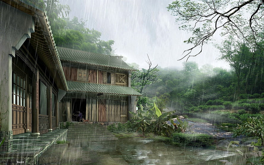 Traditional Wooden House in Heavy Rain with Lush Green Jungle and Misty Hills HD wallpaper