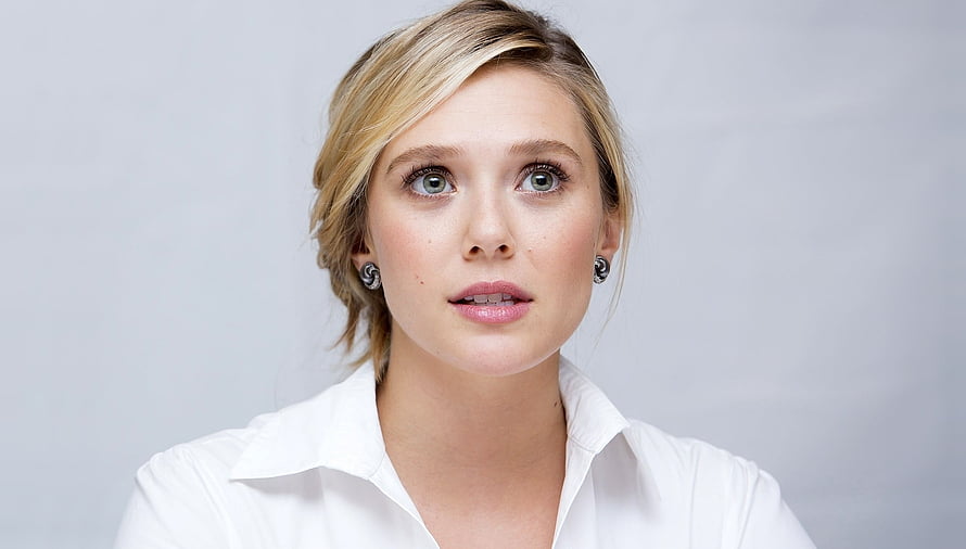 Elizabeth Olsen Portrait in White Shirt with Blonde Hair and Silver Earrings HD wallpaper