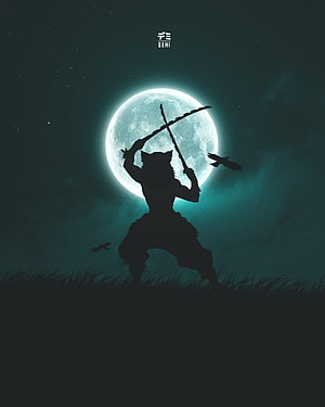 Inosuke Hashibira Silhouette Wielding Dual Blades Under a Glowing Full Moon HD phone wallpaper