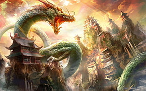 Majestic Chinese Dragon Coiling Around Ancient Temple Complex at Golden Hour HD wallpaper