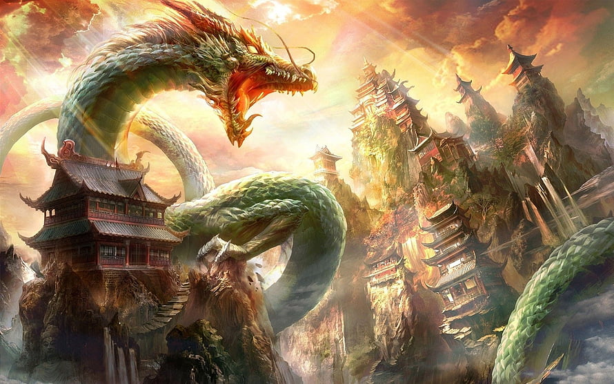 Majestic Chinese Dragon Coiling Around Ancient Temple Complex at Golden Hour HD wallpaper