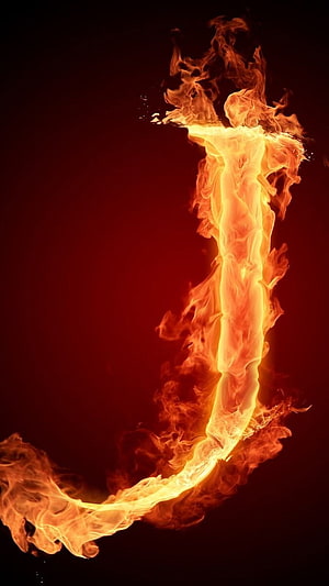 Flaming Letter J Fire Typography on Dark Red Background HD phone wallpaper