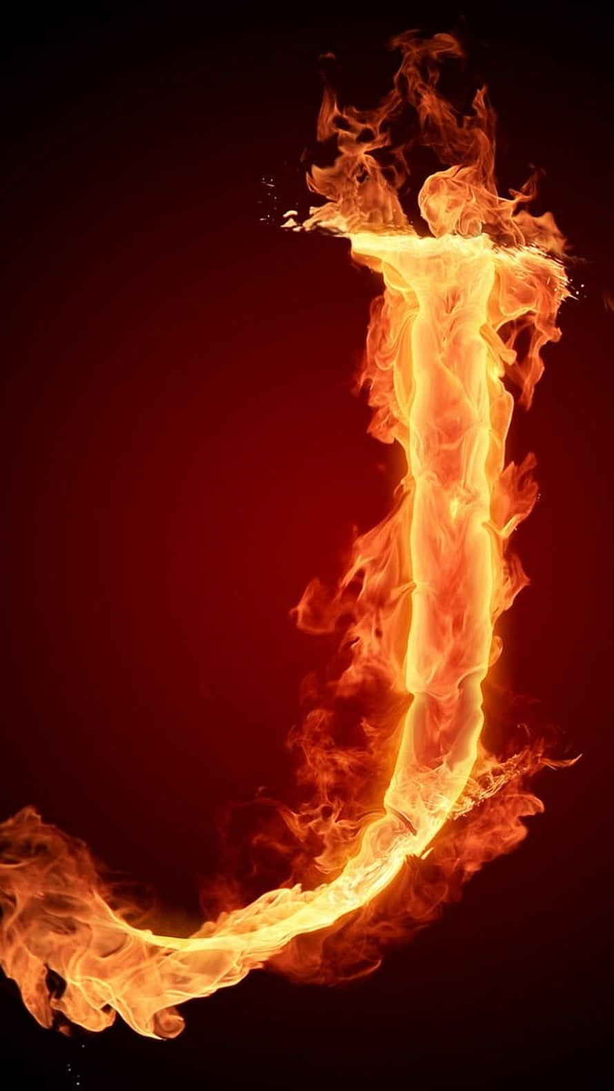 Flaming Letter J Fire Typography on Dark Red Background HD phone wallpaper