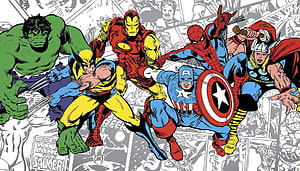Classic Marvel Avengers Team-Up Featuring Hulk, Iron Man, Spider-Man, Captain America, Thor, and Wolverine HD wallpaper