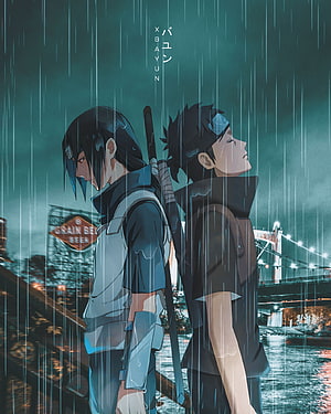 Sasuke and Shisui Standing Back to Back in the Rain with a Bridge in the Background HD phone wallpaper
