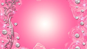 Pink Floral Ornament Background with Sparkling Diamonds and Rose Motifs HD wallpaper