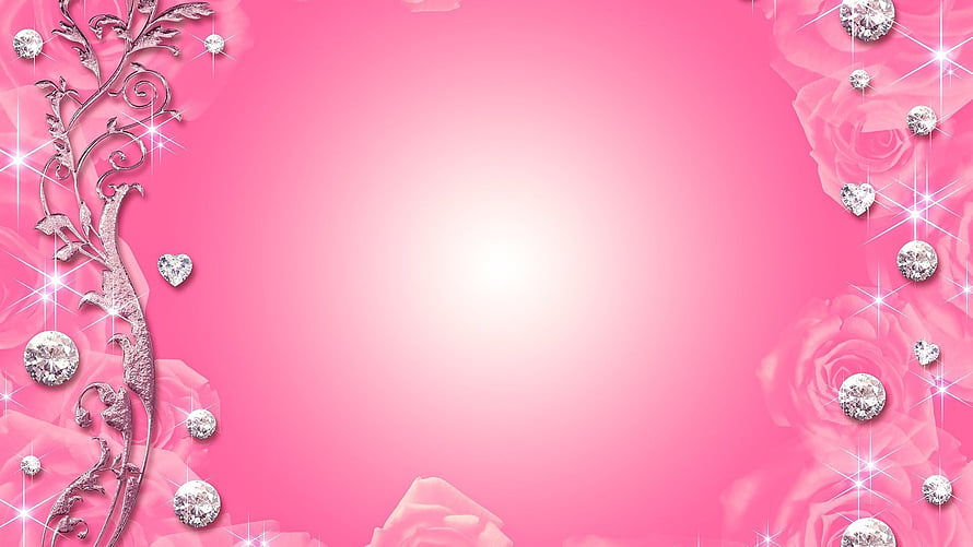 Pink Floral Ornament Background with Sparkling Diamonds and Rose Motifs HD wallpaper