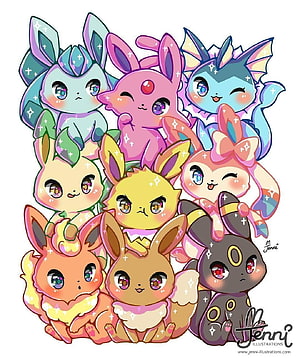 Kawaii Eeveelutions Group Portrait in Pastel Colors HD phone wallpaper