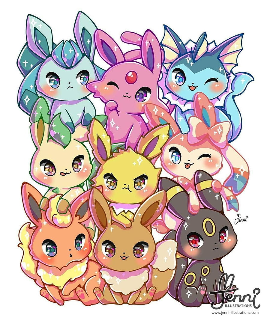Kawaii Eeveelutions Group Portrait in Pastel Colors HD phone wallpaper