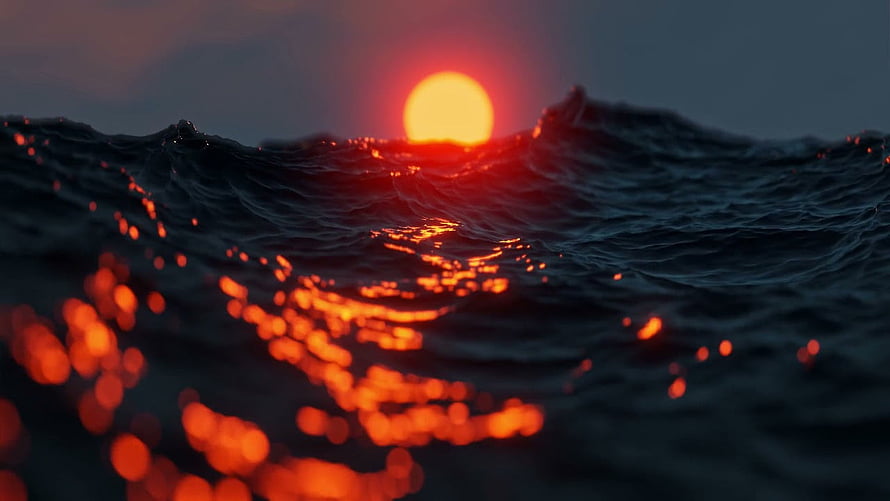 Dramatic Ocean Sunset with Glowing Red Sun and Dark Churning Waves HD wallpaper