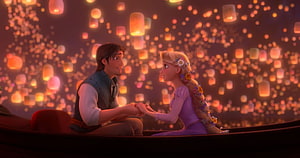 Rapunzel and Flynn Rider sharing a tender moment in a boat surrounded by glowing floating lanterns from Disney's Tangled HD wallpaper
