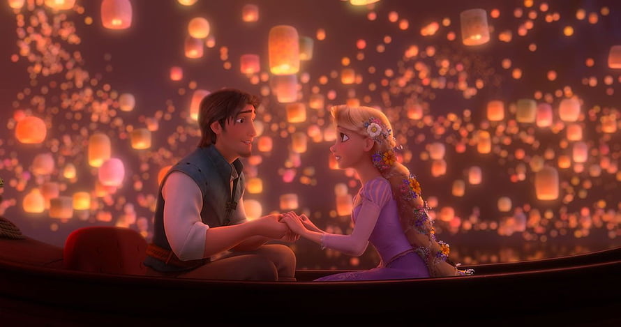 Rapunzel and Flynn Rider sharing a tender moment in a boat surrounded by glowing floating lanterns from Disney's Tangled HD wallpaper