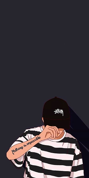 Anime Boy in Striped Shirt and Stussy Cap with Tattoo on Dark Background HD phone wallpaper