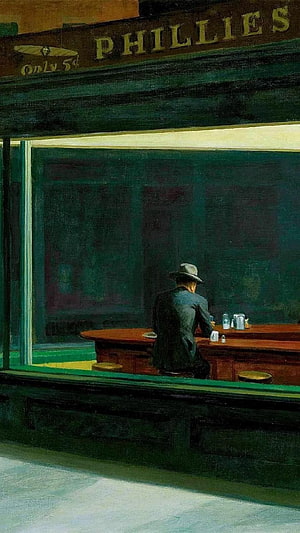 Edward Hopper Nighthawks Oil Painting of a Lone Man at a Diner Counter HD phone wallpaper